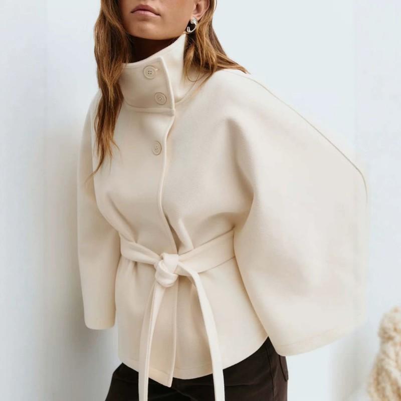 Womens Solid Color Stand Collar Wool Blend Coat Button Belted Casual Overcoat