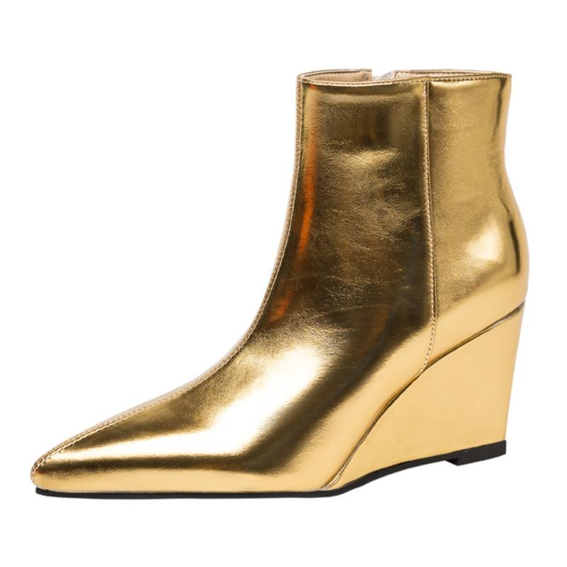 

Модные женские ботильоны на танкетке с острым носком, золотисто-серебряного цвета, короткие ботинки на молнии, на танкетке, зимняя обувь для танцевальной вечеринки, женский бренд, большой размер 45 40 золотой