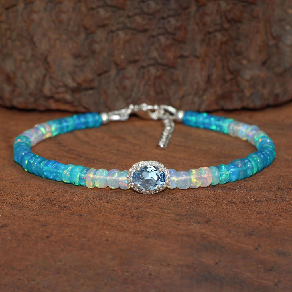 Multifire Paraiba Opal Beads Charm Bracelet, Paraiba Opal Oval Charm Gold Bracelet, Delicate Bracelet, October Birthstone, Gift for Wife