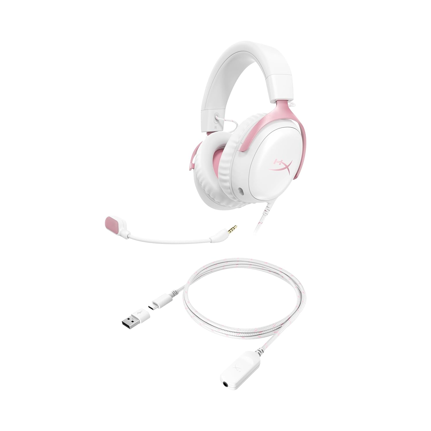 Căști de gaming cu fir HyperX Cloud III roz, Cloud 3, PC, PS5, Xbox Series X|S, Drivere înclinate de 53 mm, DTS, Spumă cu memorie, Microfon ultra-clar de 10 mm, USB-C, USB-A, 3,5 mm roz