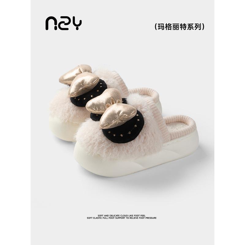 

Bow slippers fleece warm home wear comfortable cotton slippers thick bottom non-slip cotton slippers women autumn and winter 40-41