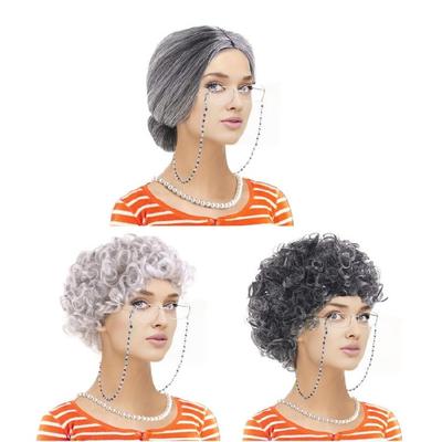100 Days of School Old Lady Wig Costume Grandma Wig Glasses Necklace Old Lady Cosplay Set for Halloween Dress Up Party