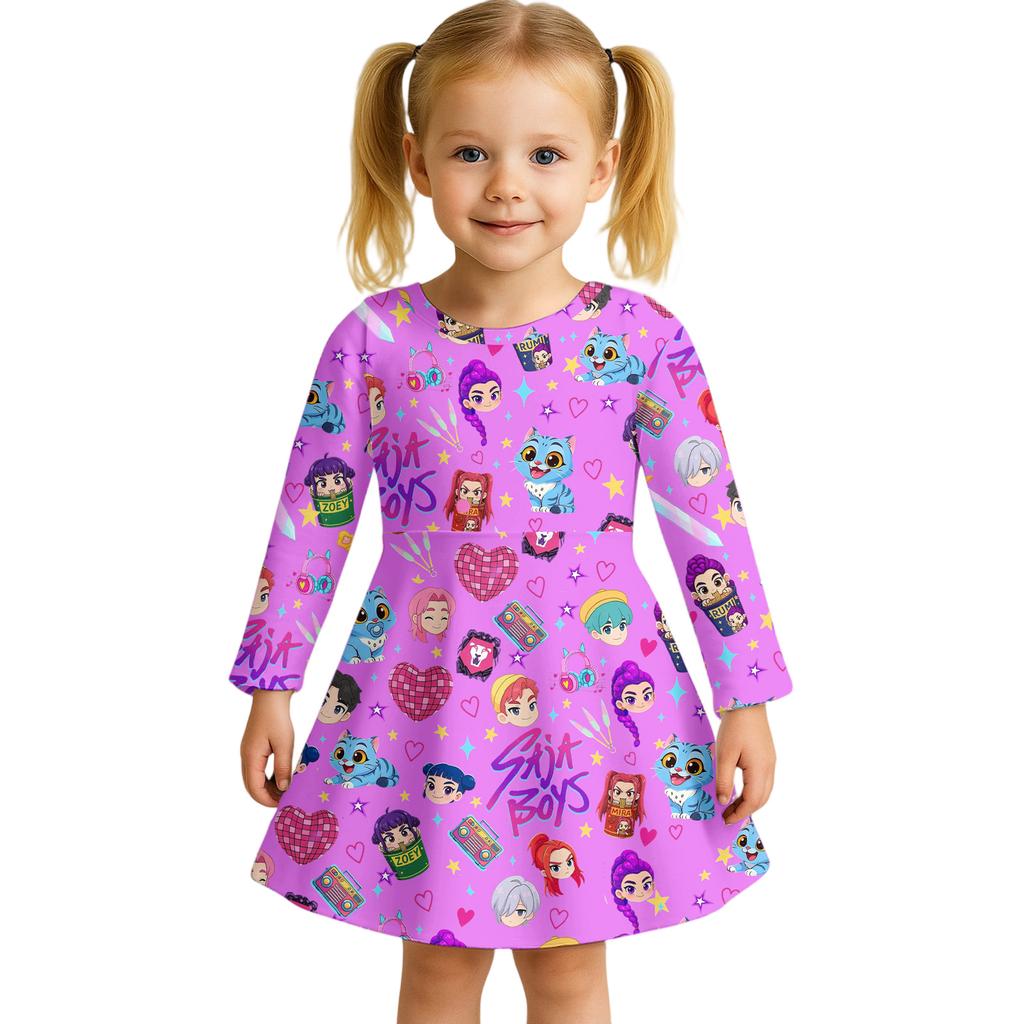 Kids Girls Casual Daily Dress Cute Cartoon Print Long Sleeves Dance Wear Princess Dress  2-12 Years