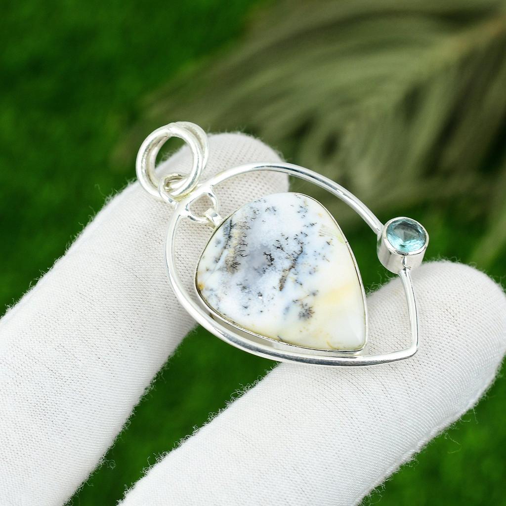 Mothers Day Deal Dendrite Opal Stone Topaz 925 Silver Bezel Boho Pendant Jewelry