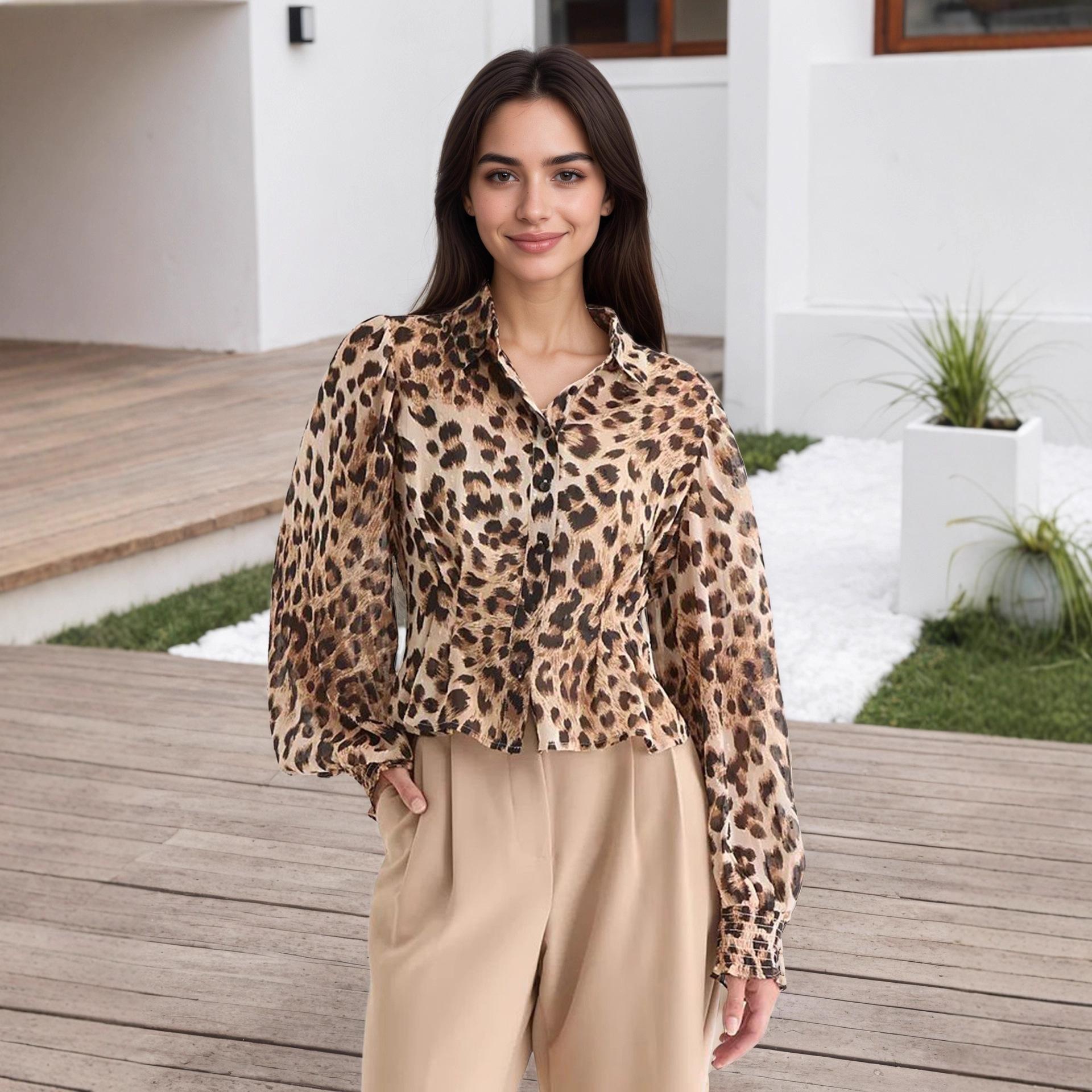 European beautiful women s new top leopard print lapel pleated waist bubble long-sleeved shirt S