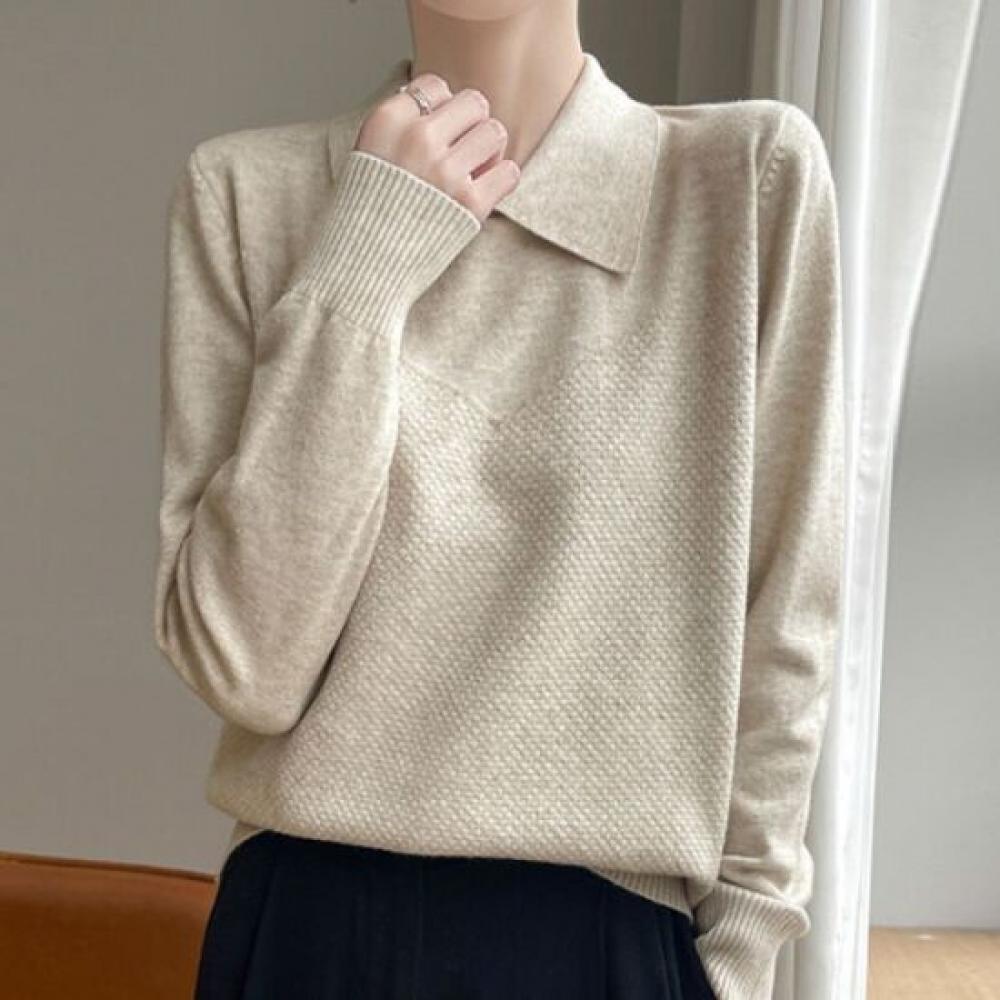 Navava Women Solid Long Sleeve Collar Knit Tee Nk2829
