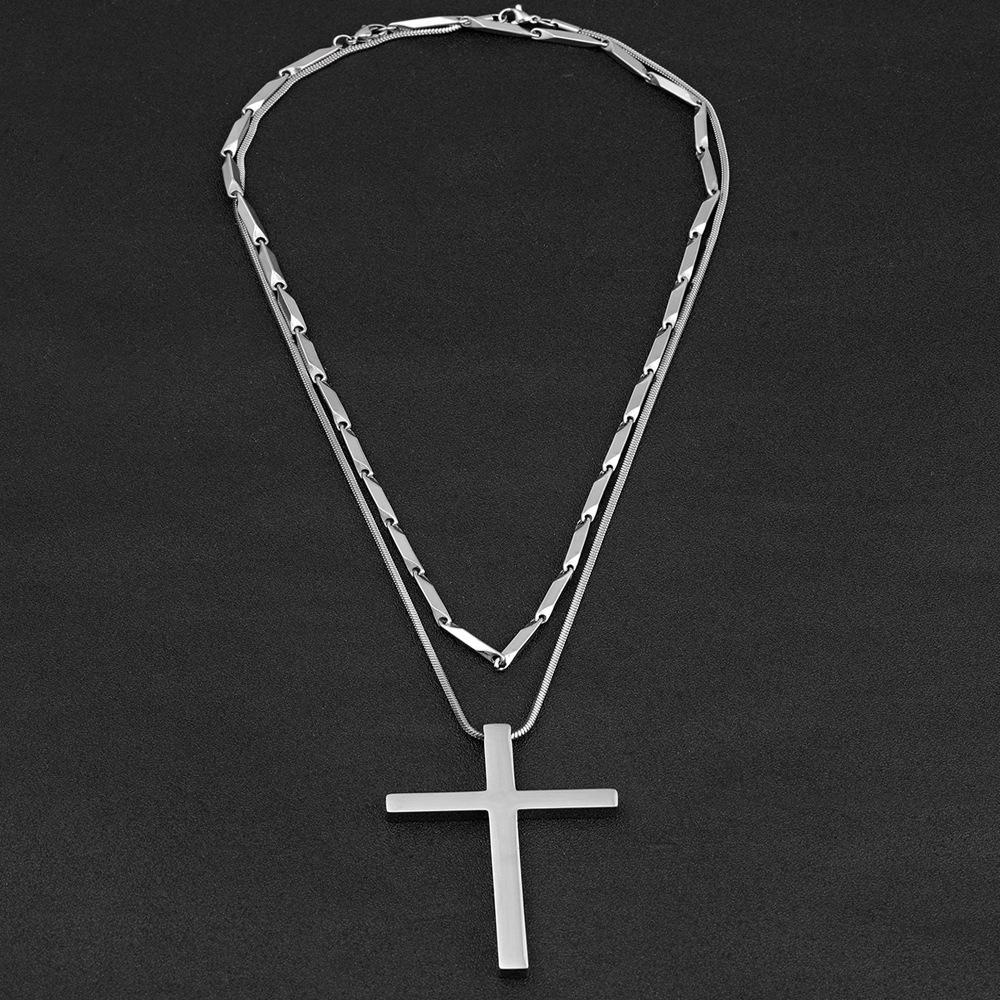 Cross Necklace for Men Fashion Simple Smooth Necklace Pendant Melon Seed Chain Stainless Steel Jewelry
