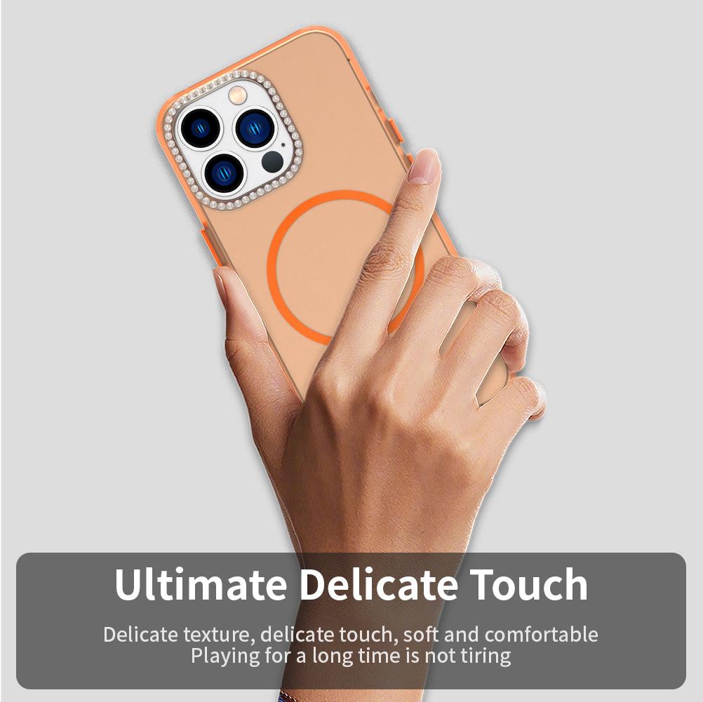 For iPhone 13 Pro Max Case Compatible with MagSafe TPU+PC+PET Phone Cover Rhinestone Decor Lens Frame