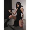 Goth Gothic Dress Cosplay High Split Sexy Bandage Women Dress Halter Slim Midi Dark Black Grunge Partywear