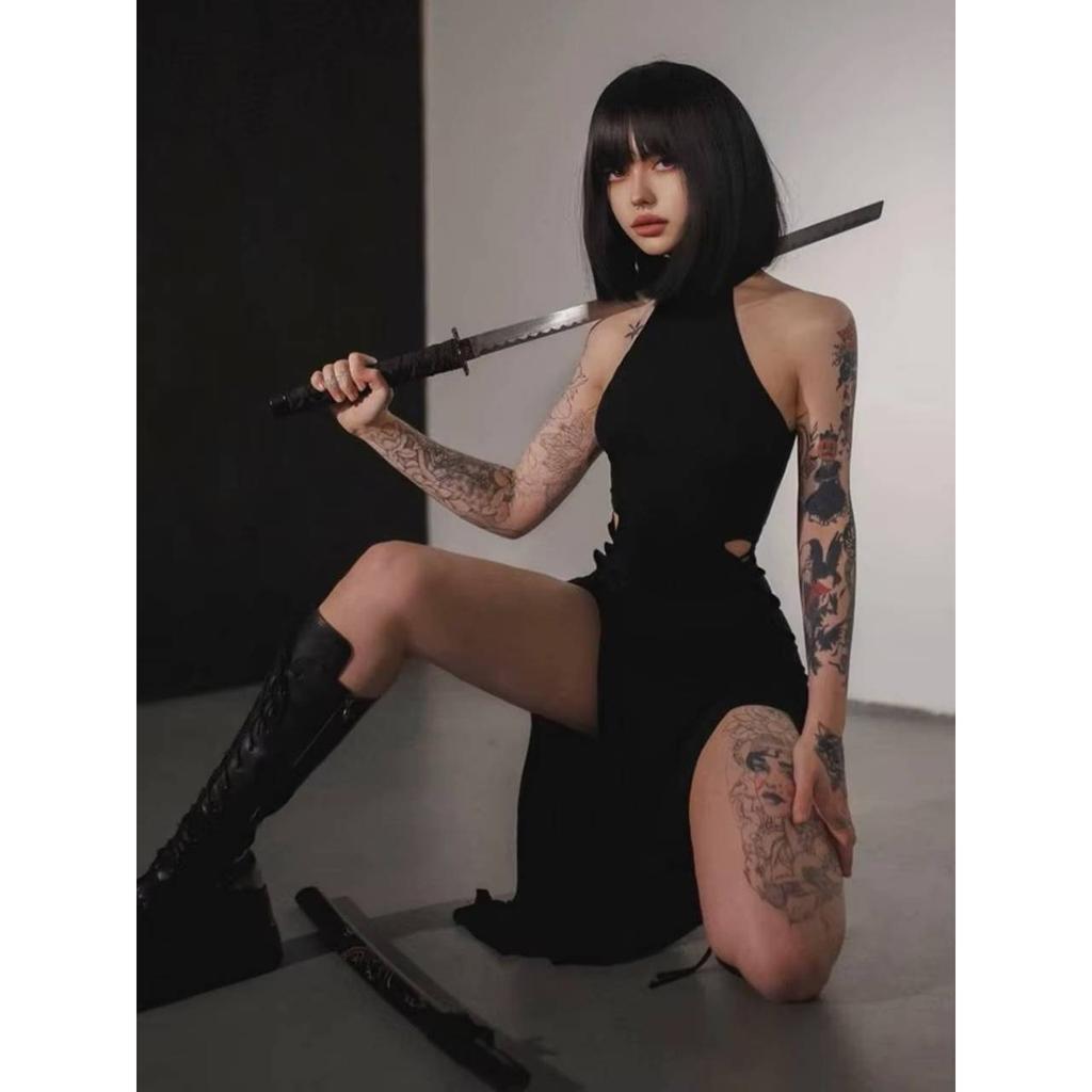 Goth Gothic Dress Cosplay High Split Sexy Bandage Women Dress Halter Slim Midi Dark Black Grunge Partywear