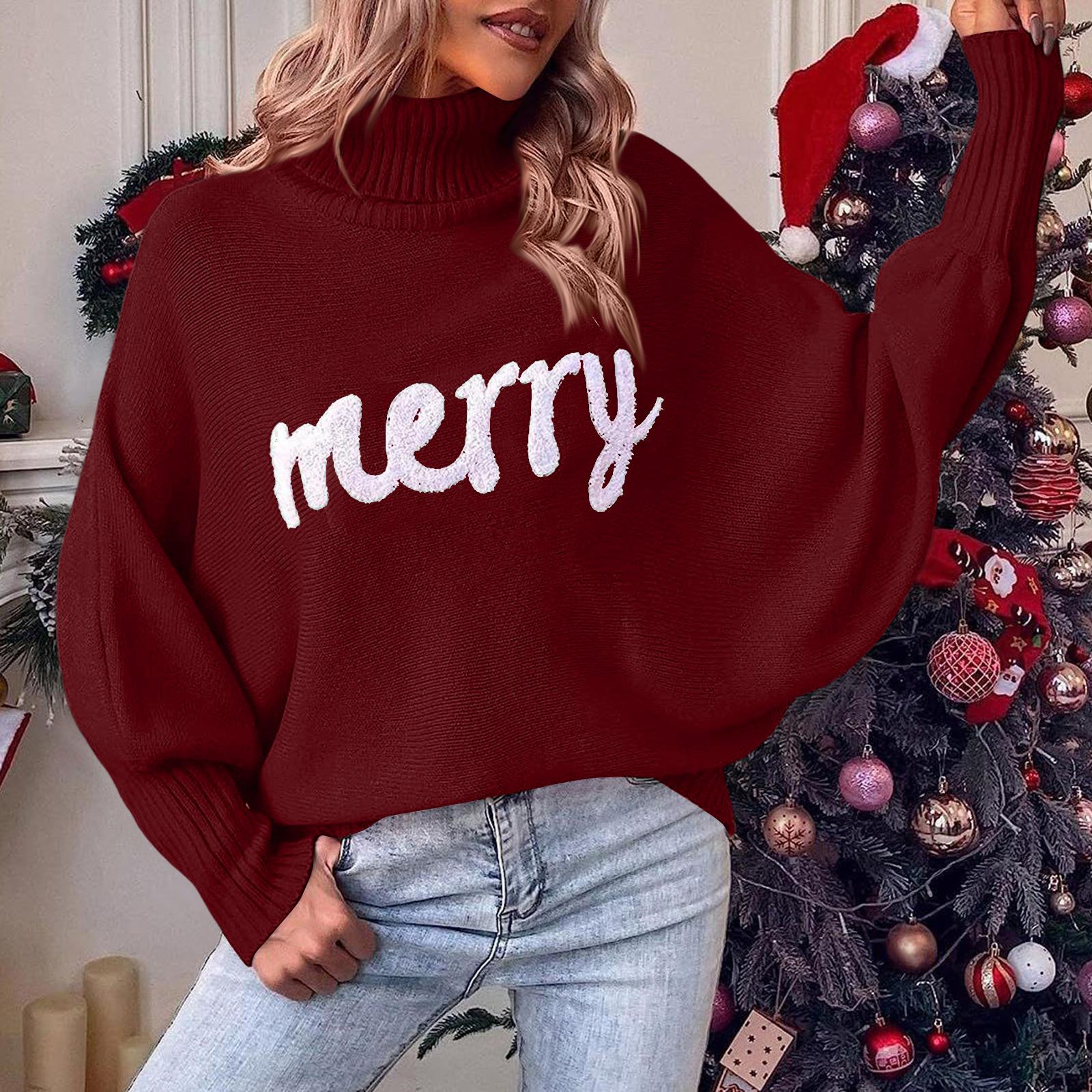 

Women s Fashionable Casual Pullover Christmas Turtleneck Knit Sweater With Sleeves, Long-Sleeved Loose Sweater XL винный