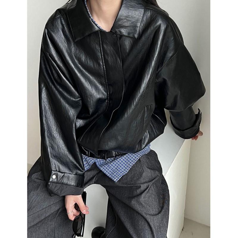 Johnature American Retro Fashion Motorcycle Jacket Womes Autumn Casual Loose Versatile PU Leather Jackets