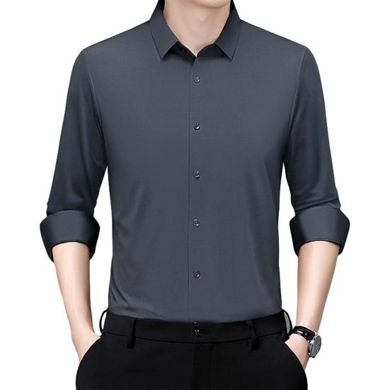 Men Shirt Lapel Long Breasted Shirt Color Elastic Fabric Tops Pure Sleeve Single Lightweight Breathable Shirt