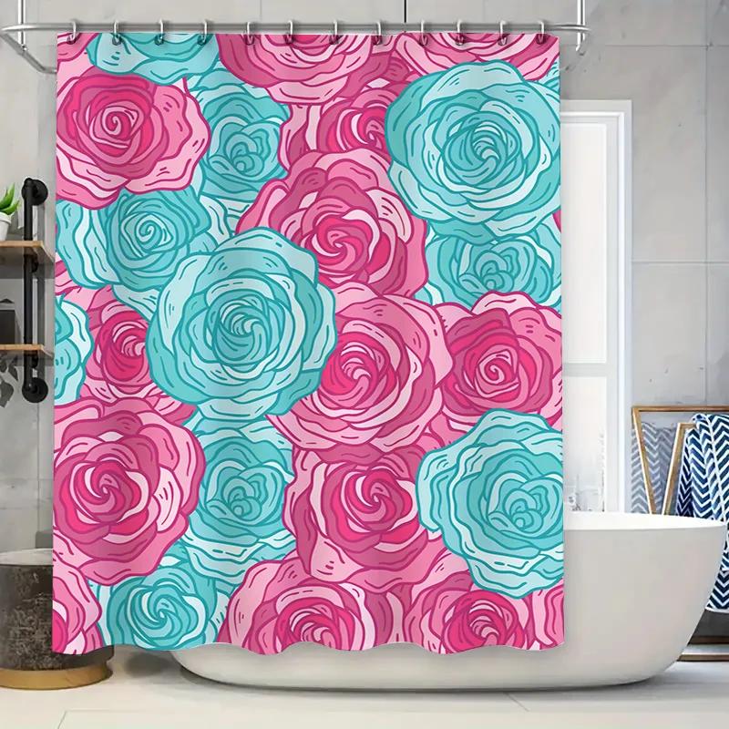 Bright Floral Shower Curtain Pink Blue Printed Polyester Waterproof Bath Decor Wall Hanging Home Decoration Modern Bathroom Acce