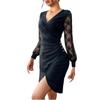 Women Sexy Slim Fit Lace Mesh Long Sleeve V Neck Bodycon Midi Dress