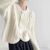 Horn Button Cable Knit Cardigan Autumn Winter Coat Short Lazy Round Neck Loose Sweater Top