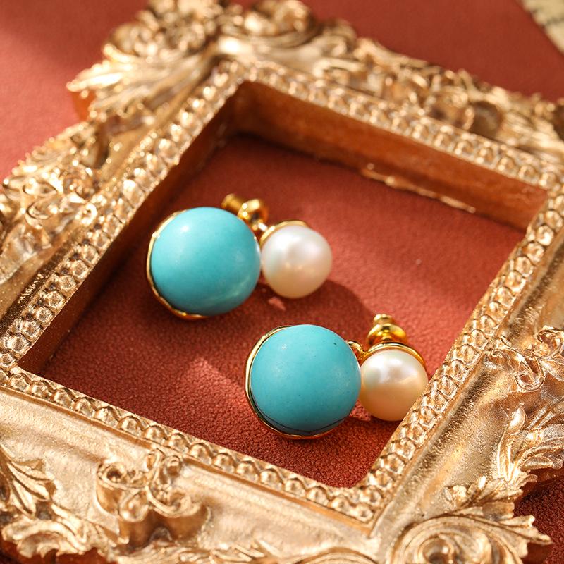 925 Silver Needle Freshwater Pearl & Turquoise Retro Earrings - Unique Autumn/Winter Style