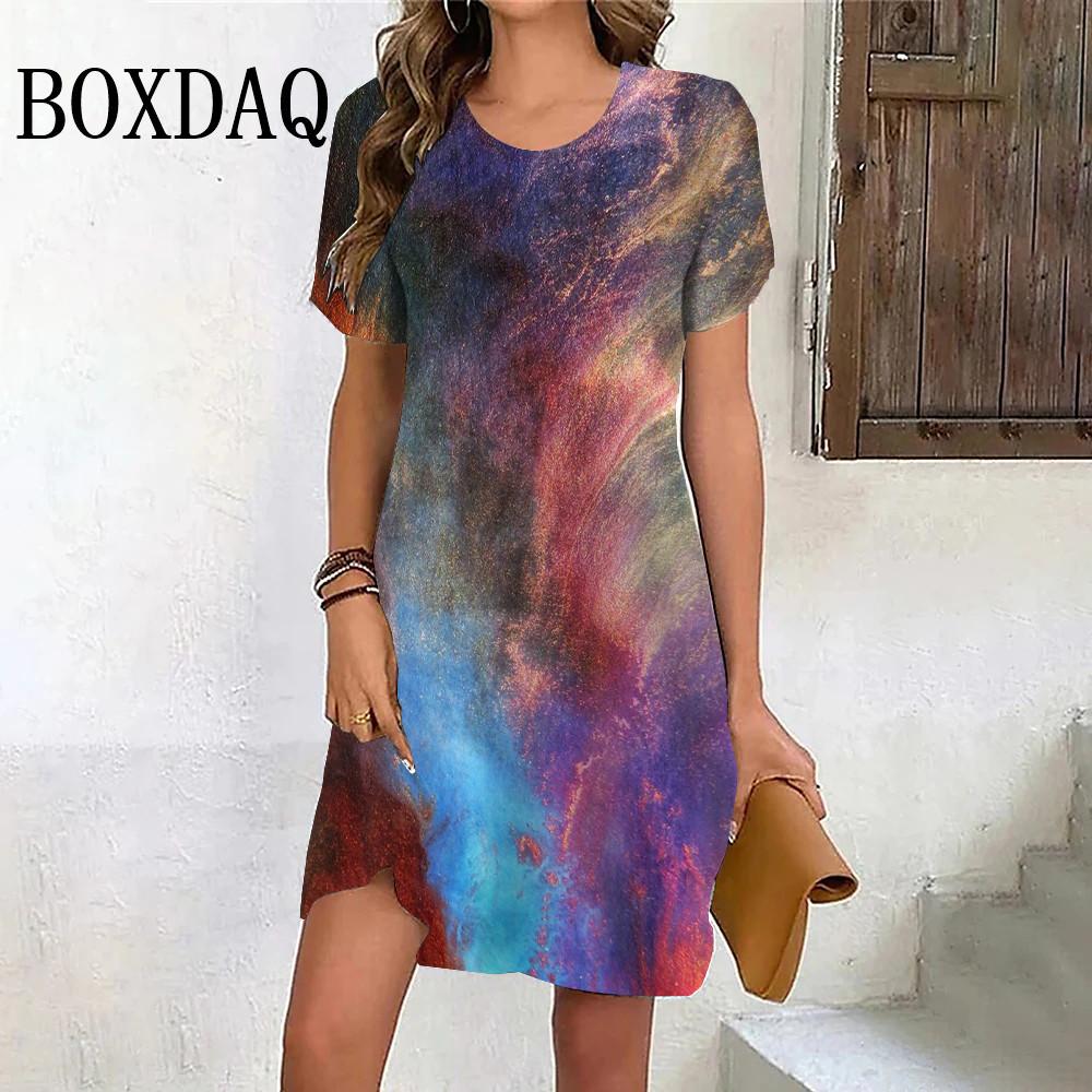 

Summer New Fashion 3d Printing Starry Sky Dress Women s Short-sleeved Casual Loose A-line Round Neck Dress S