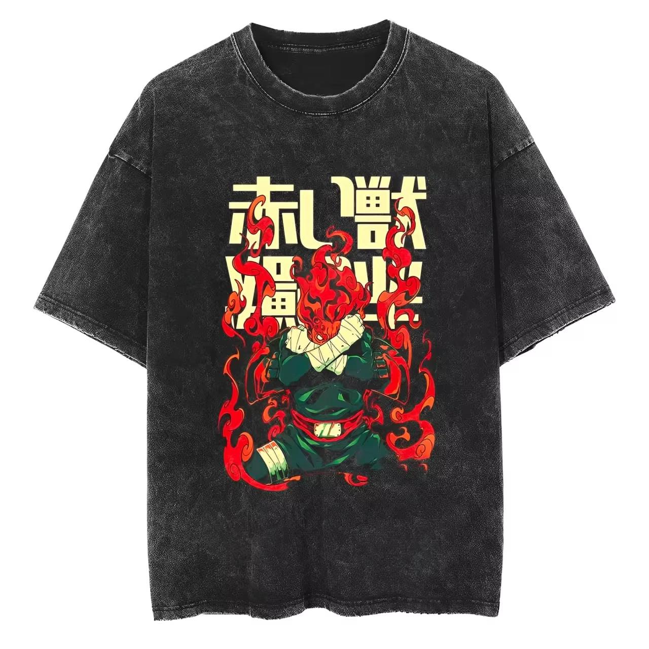 

Might Guy T Shirt Naruto Men Acid Wash Eight Gates Released Red Beast Anime Graphic Cotton Streetwear Manga Night Guy Tee XL