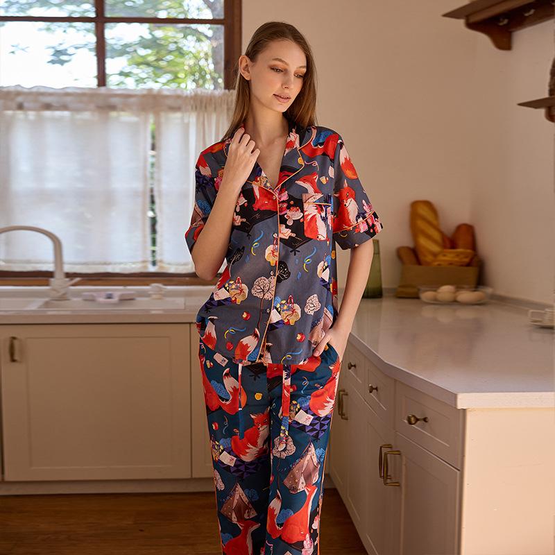 

[Fire Fox] Pure cotton summer pajamas women s short-sleeved trousers cute fox printed cotton loungewear set S