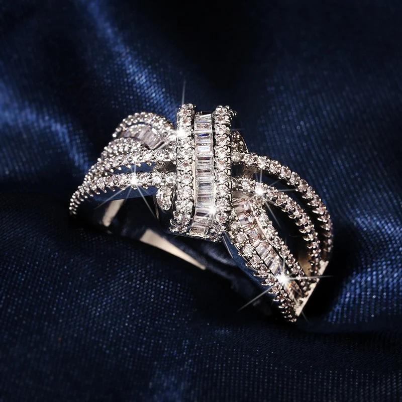 Trendy Women Rings Geometric Cubic Zirconia Luxury Silver Color Finger Accessories Wedding Party Exquisite Female Jewelry
