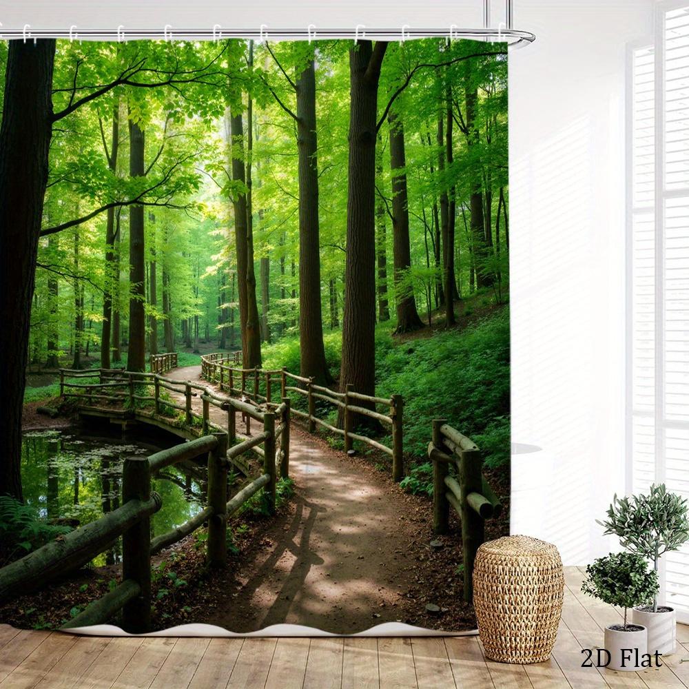 Forest Path Shower Curtain Green Trees And Wooden Bridge Print Polyester Bath Curtain With 12 Hooks For Nature Decor