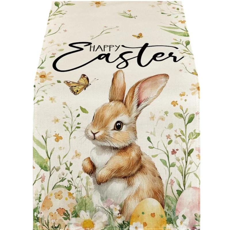 Linen Table Scarf Easter Rabbit Eggs Pattern Rectangular Washable Table Runner For Spring Decorations And Home Styling