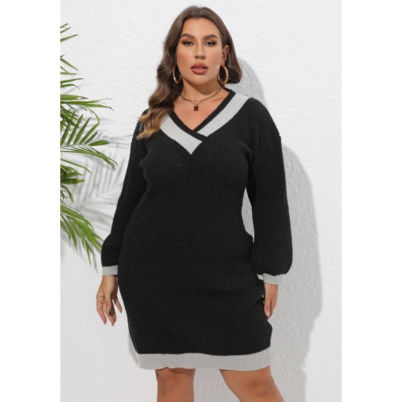 Rochie de pulover de toamnă și iarnă pentru femei, țesute cu decolteu în V, culoarea coliziunii, îmbinată la șold