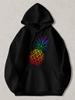 Black Pullover Hoodie with Vibrant Rainbow Pineapple Graphic, Casual Long Sleeve Sweatshirt with Kangaroo Pocket And Drawstring Ho