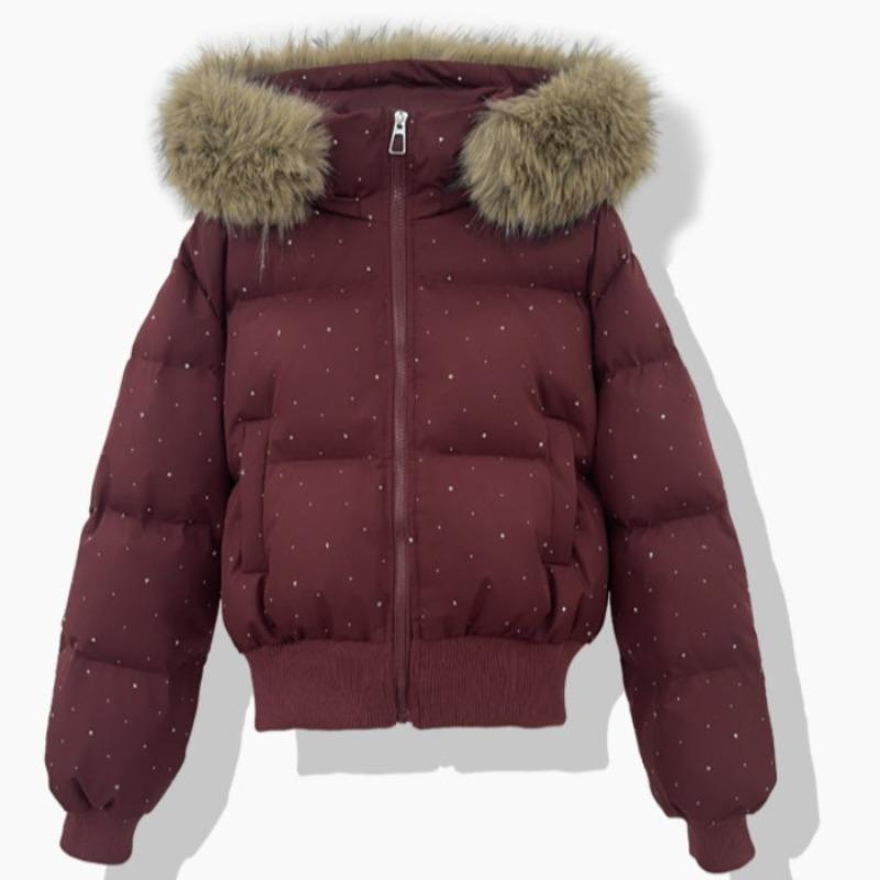 Winter Fur Collar Hooded Padded Short Coat Women Shiny Rhinestone Puffer Jacket Casual Zip Up Outerwear