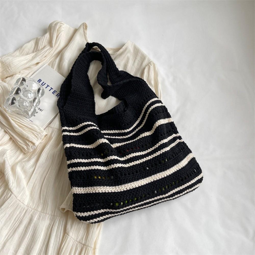 Striped Pattern Woven Shoulder Bag Bohemian Hollow Out Beach Bag New Knitted Tote Bag  Versatile