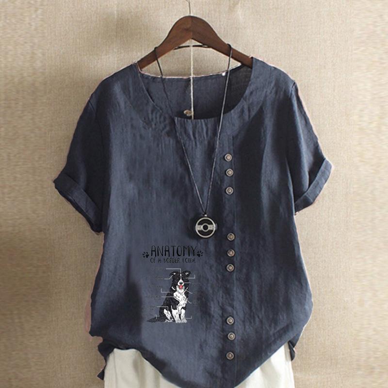 Women's Fashion Round Neck Short Sleeve T-shirt Casual Cotton Linen Graphic Shirt Leisure Loose Lovely dog  Prined Summer Blouse Tops