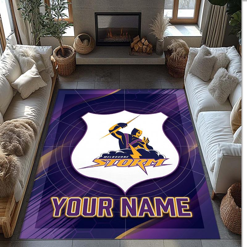 Melbourne Storm Crystal Velvet Rug, Custom Name Text Personalized Non‑Slip Floor Mat for Home Decor Gift
