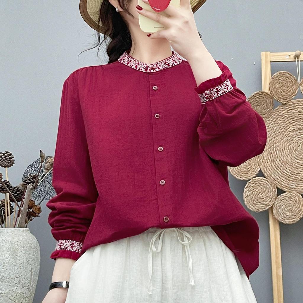 Women's Long Sleeve Stand Collar Embroidered Cotton Gauze Shirt - Ethnic Style, New Chinese Trend