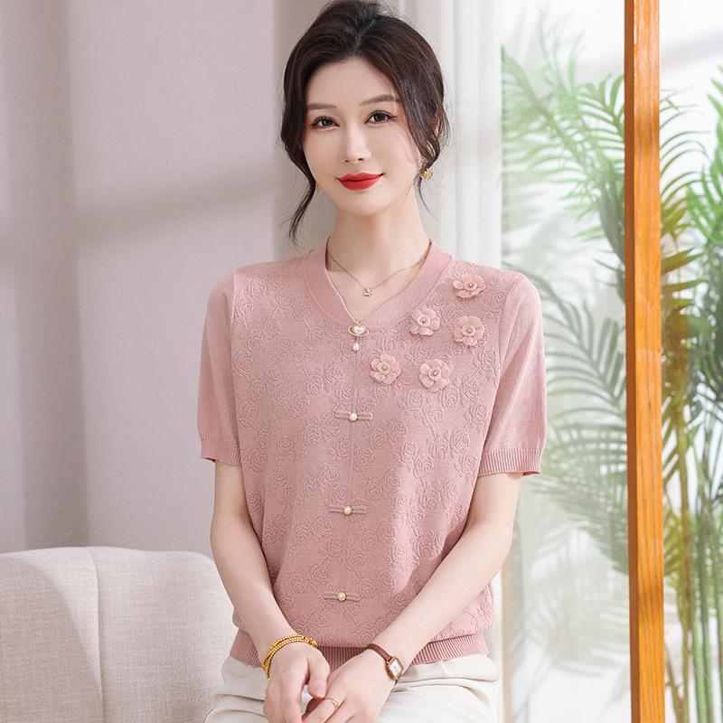 2026 Stylish Ice Silk Knit Short-Sleeve T-Shirt for Moms: Chinese Style Summer Top for Middle-Aged and Elderly Women