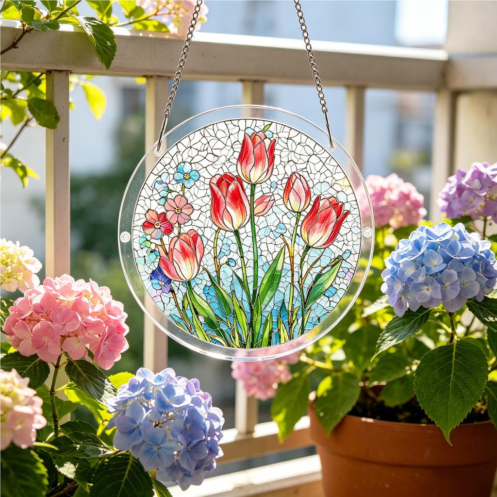 Acrylic Sun Catcher Hanging Ornament Floral Design Round Decorative Window Hanging Suncatcher Art Piece Indoor Outdoor Use