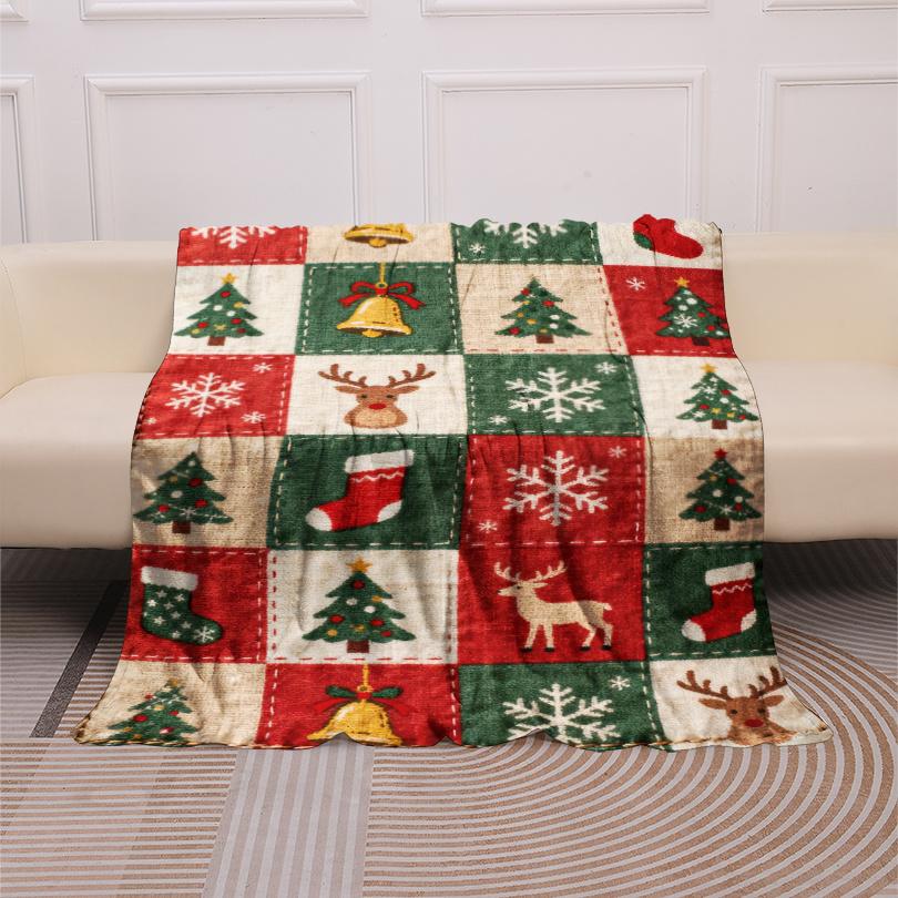 Christmas Patchwork Flannel Throw Blanket, Xmas Tree Reindeer Bell Sock Snowflake Plaid Print Soft Cozy Blanket Sofa Bed Holiday Home Decor