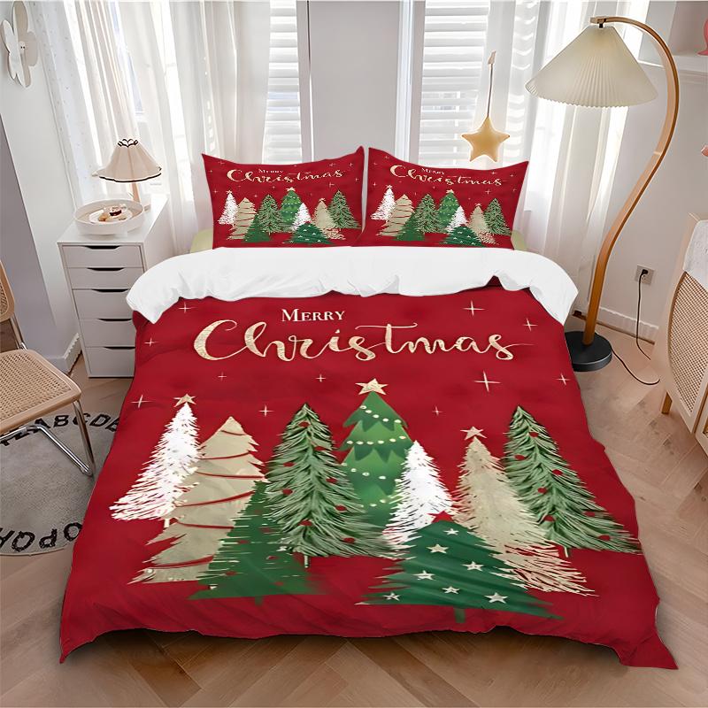 

3pcs Merry Christmas! Festive Tree Design Comforter Set with 1 Quilt Cover & 2 Pillowcases (No Core), Bedroom Decor, Anime Cartoon Design 135x200cm