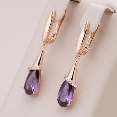 Moda Pendientes Largos de Oro Rosa Para Mujer Gota de Agua Morado Circonita Natural Pendiente Colgante Joyería Fina Regalo de Cristal