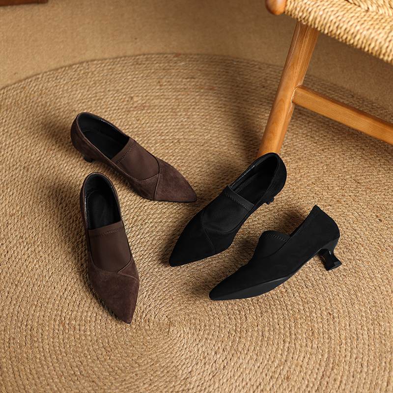 Krazing Pot Sheep Suede Autumn Winter Shoes Stiletto Med Heels Size 43 Size 42 Pointed Toe Deep Mouth Pumps