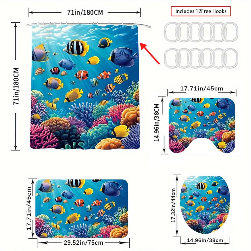4Pcs Underwater World Shower Curtain Set with Non-Slip Bath Mat, Toilet Lid Cover, Contour Rug & 12 Hooks, Bathroom Decor