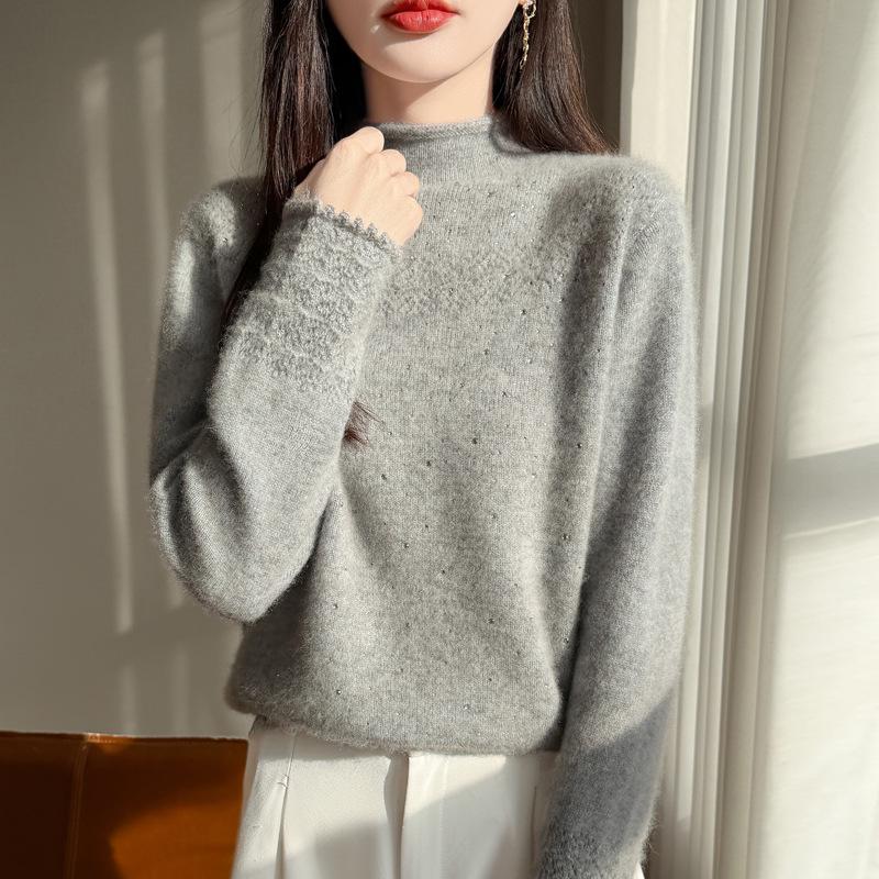 2026 A/W Wool Sweater: Thickened Roll Edge, Half-High Collar, Long Sleeve, Hot-Fix Rhinestone, Hollow-Out Knitwear.
