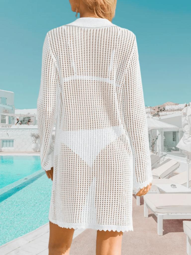 Women's Crochet Beach Cover Up Button Down Long Sleeve Cardigan Mini Dress