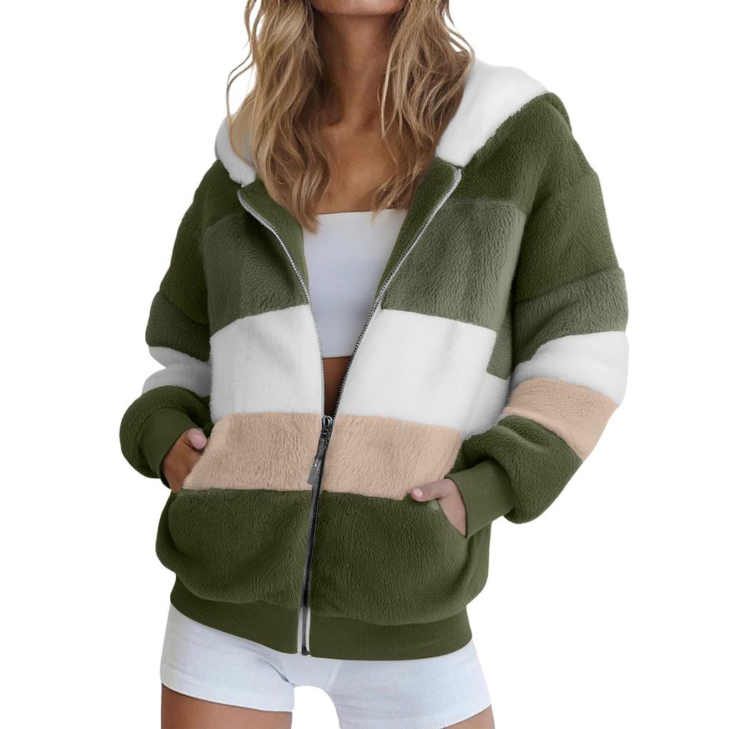 Manteau à capuche pour femmes, mode épissage, ample, peluche, manches longues, fermeture éclair, poche, hiver