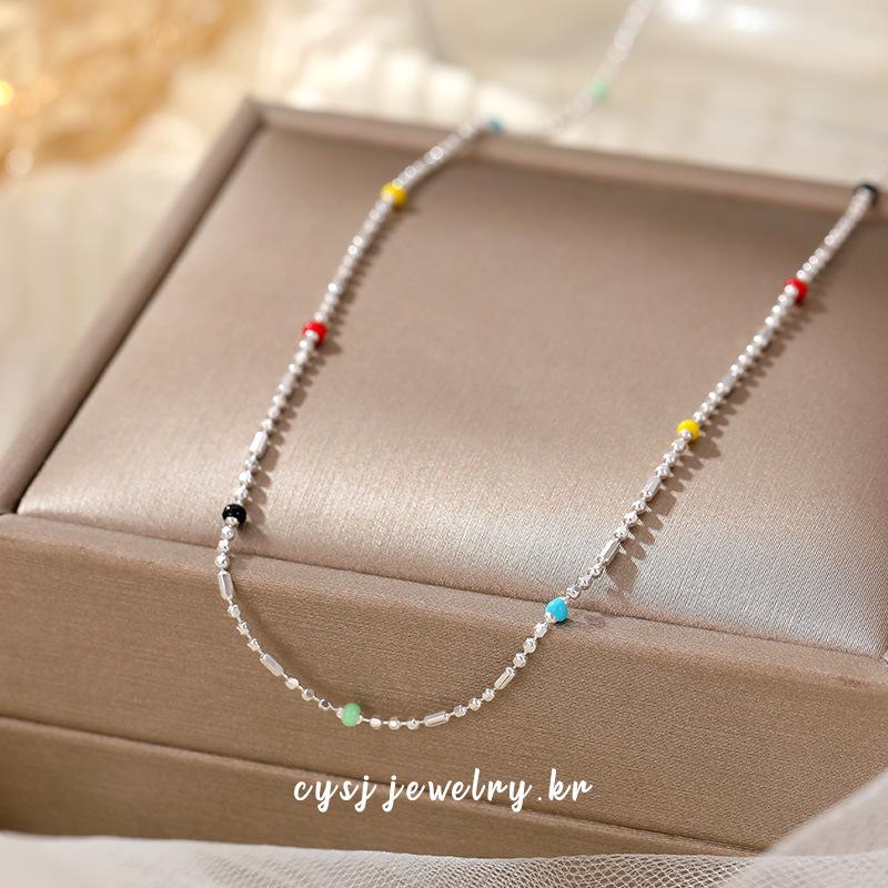 Cui Yan S925 Sterling Silver Korean Style Summer Dopamine Necklace for Women - Rainbow Bead Layered Clavicle Chain