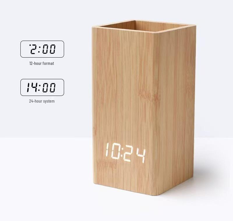 Wooden Alarm Clock Pen Holder: Time, Temperature & Date Display for Students