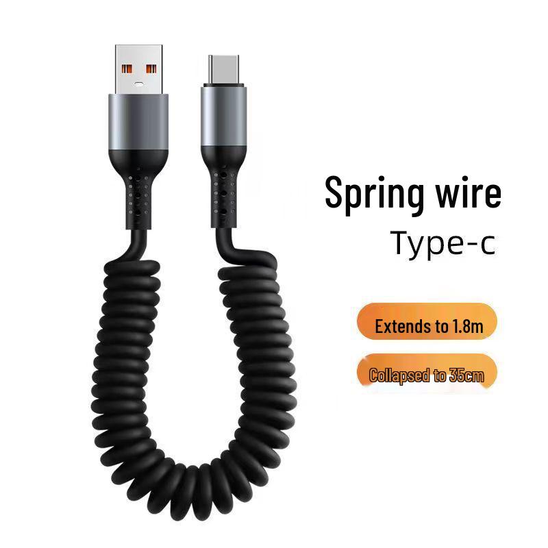 100W Dual-Head Type-C Fast Charging Cable: 6A Retractable Spiral PD Data Cable for Car.