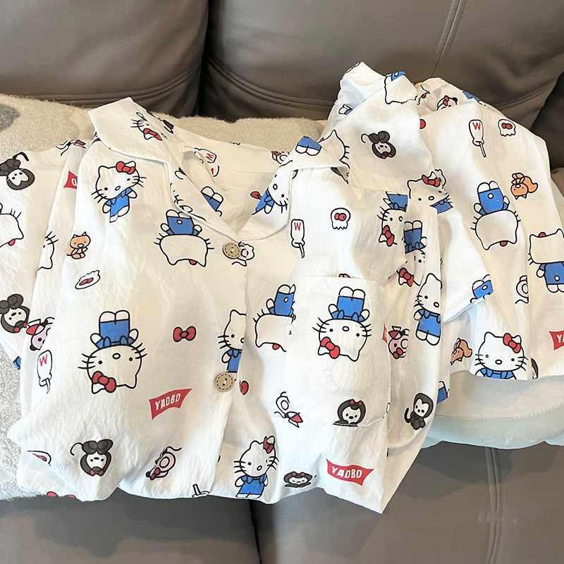 

Internet celebrity Hello Kitty pajamas women s summer short-sleeved shorts cardigan two-piece set women can wear loungewear S