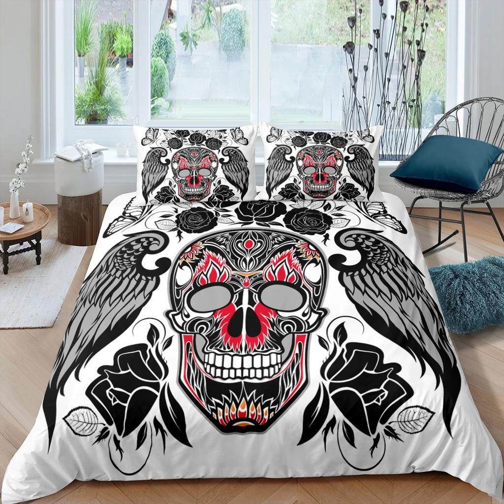 Sugar Skull Bedding Sets King Beauty Kiss Skull Duvet Cover Bed Set Bohemian Print Black Bedclothes Queen Size Bedline