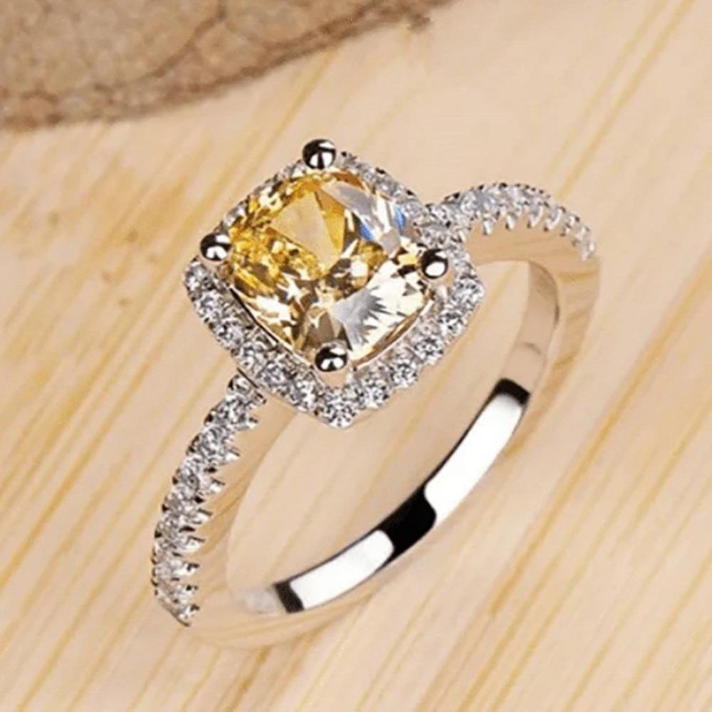 Exquisite Luxury Micro-inlay Zircon Square Four Claw Yellow Crystal Stainless Steel Rings for Women Bride Wedding Charm Jewelry
